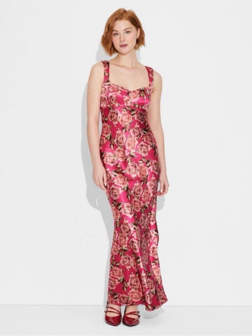 wild fable Rose-Print Satin Maxi Dress in Bright Pink